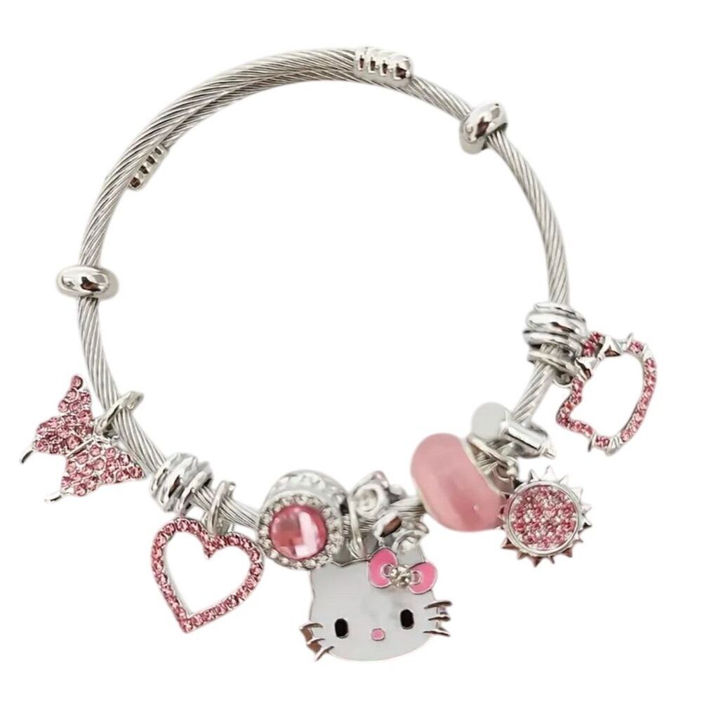 Sanrio Hello Kitty Pink Charm Bracelet Hearts & Butterflies Y2k Birthday Bling - Picture 5 of 6